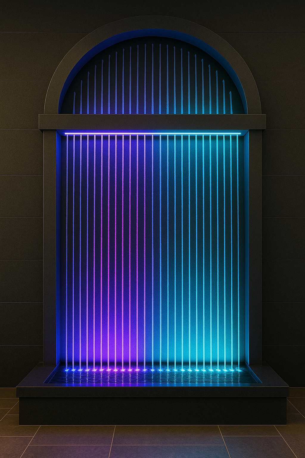 Water feature with fiber optic and LED feature lighting