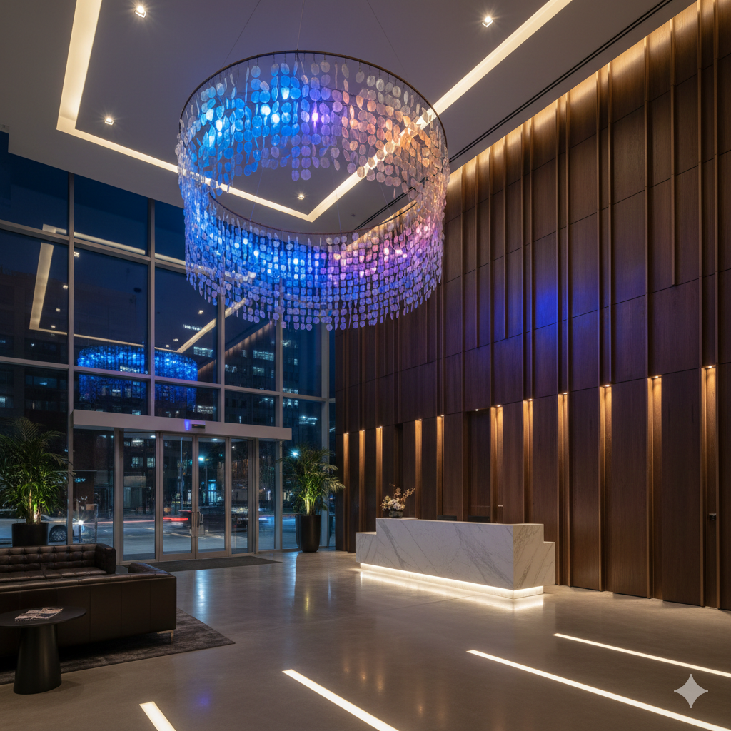 Modern commercial building lobby in Fort Worth featuring layered architectural LED lighting with cove lights, pendant fixtures, and accent lighting