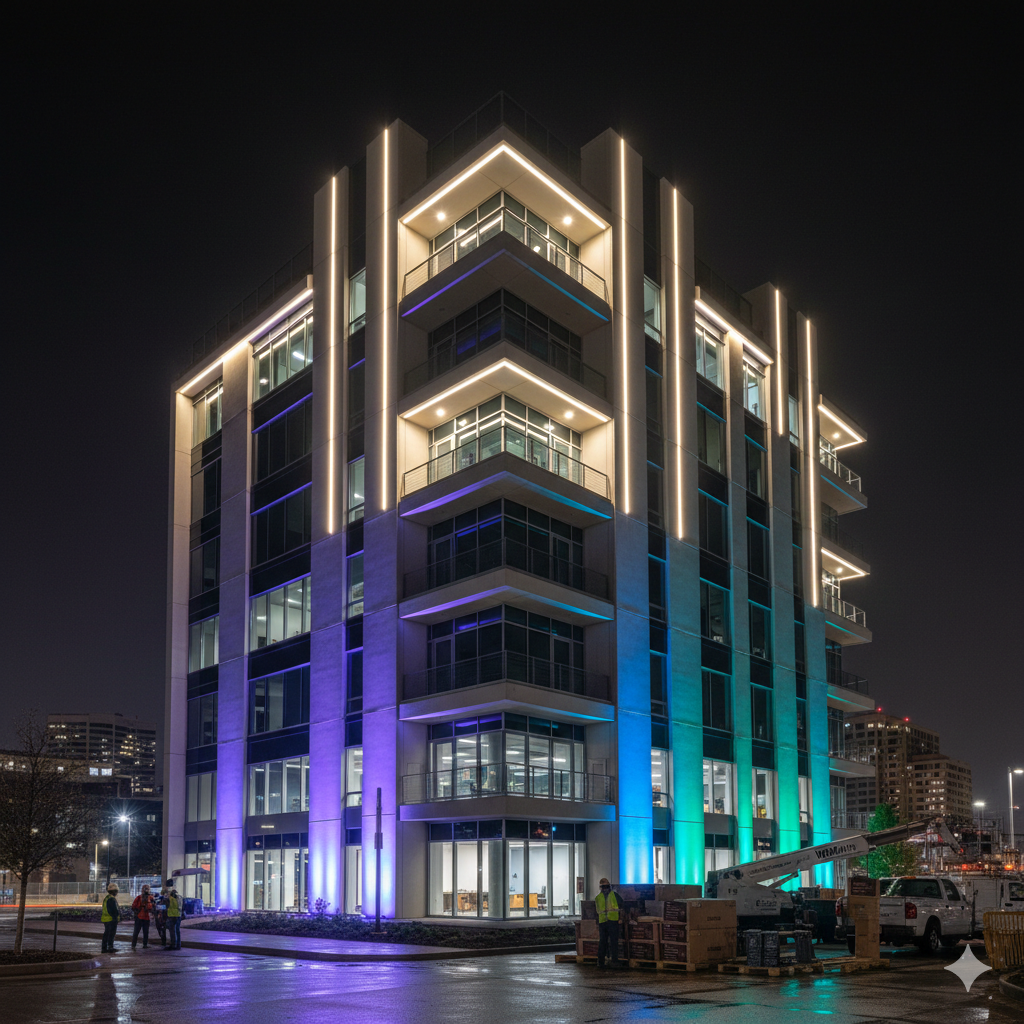 Professional installation of LED facade lighting on a commercial building exterior in Fort Worth Texas