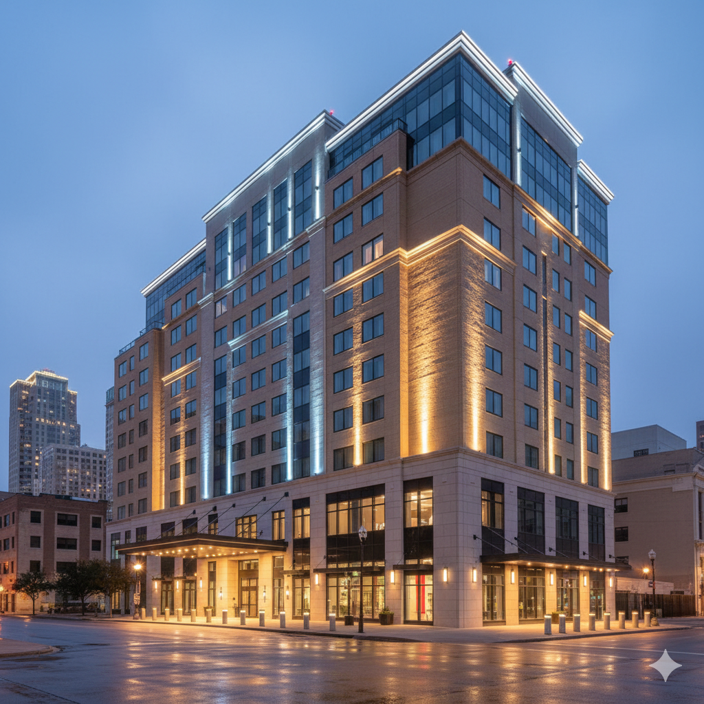 Completed architectural LED lighting project on a Fort Worth hotel exterior showing warm facade lighting and illuminated entrance