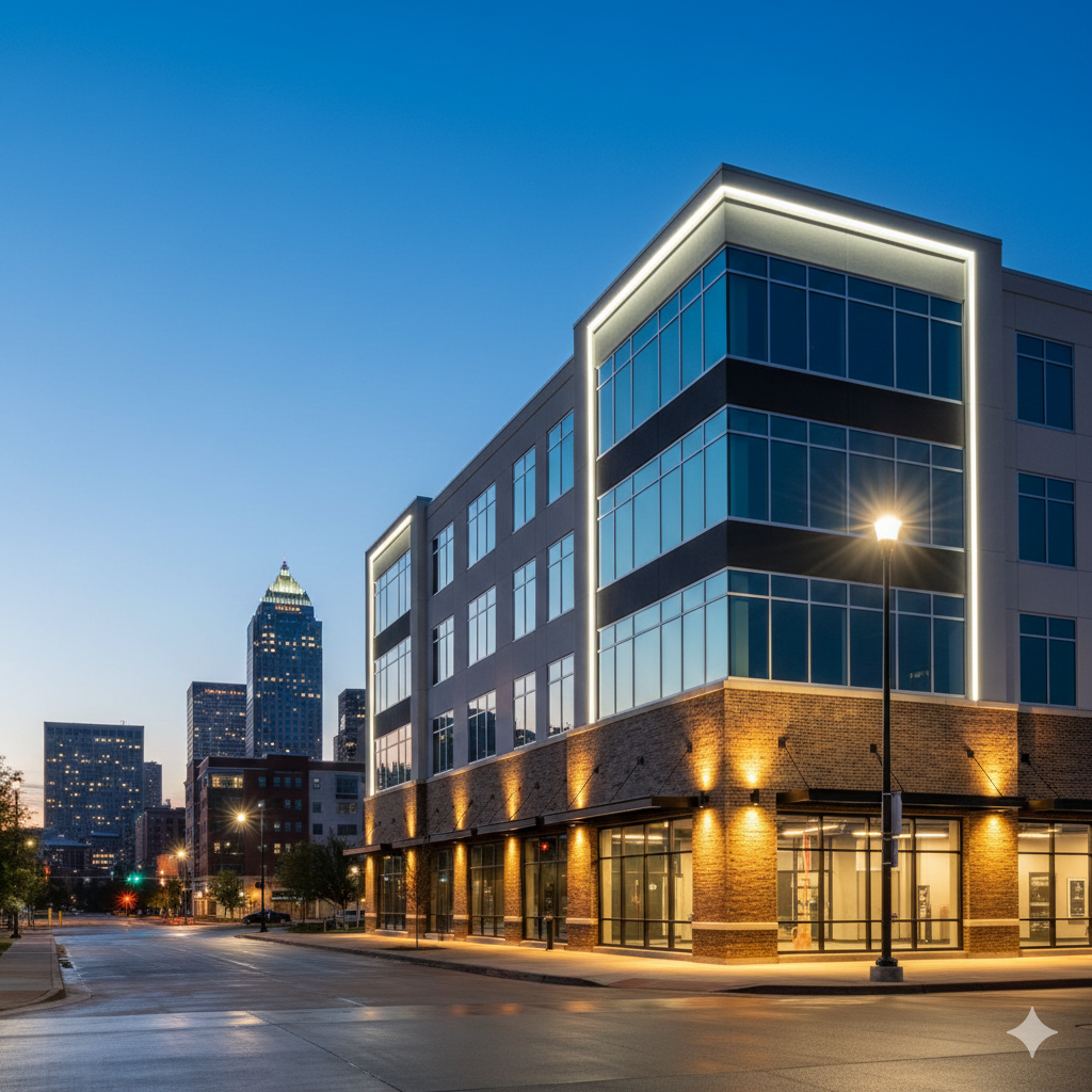 Commercial lighting company Fort Worth TX professional installation team working on LED business lighting project