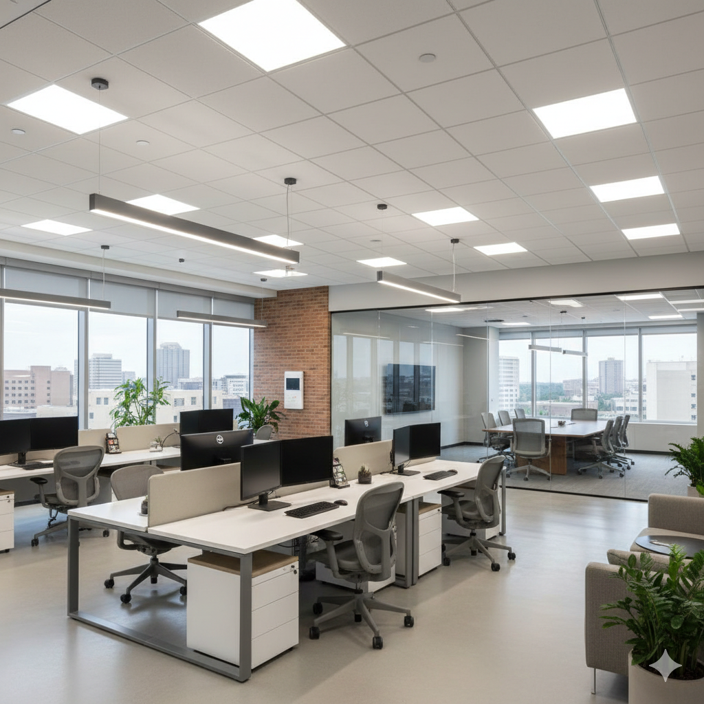 Fort worth commercial lighting in modern office space with LED panel lights and natural daylight integration