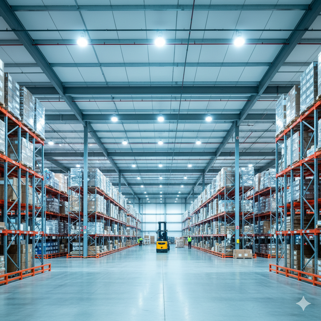 LED lights Fort Worth warehouse installation with high bay LED fixtures providing bright efficient illumination