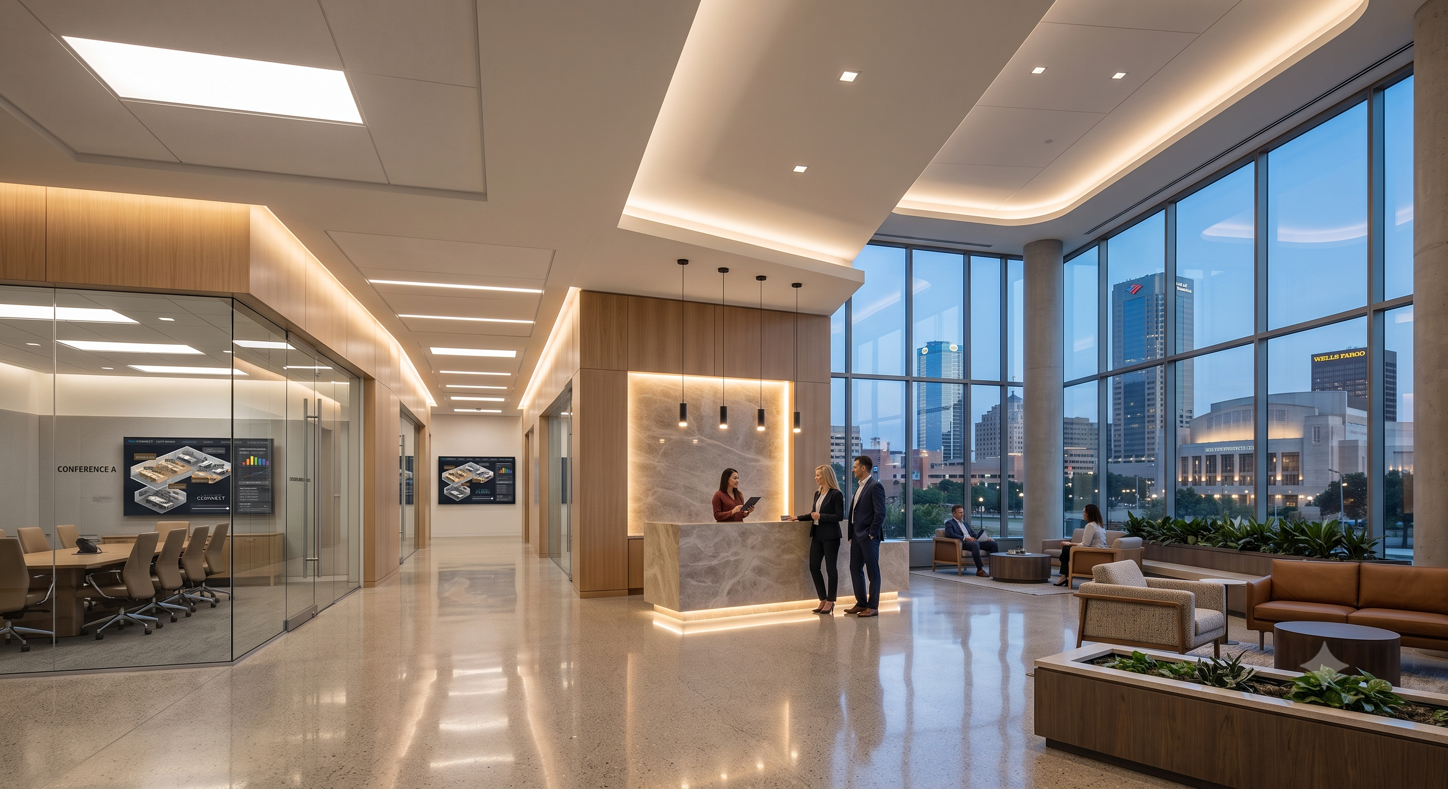 PoE lighting system Fort Worth TX completed installation in modern office building with smart LED fixtures