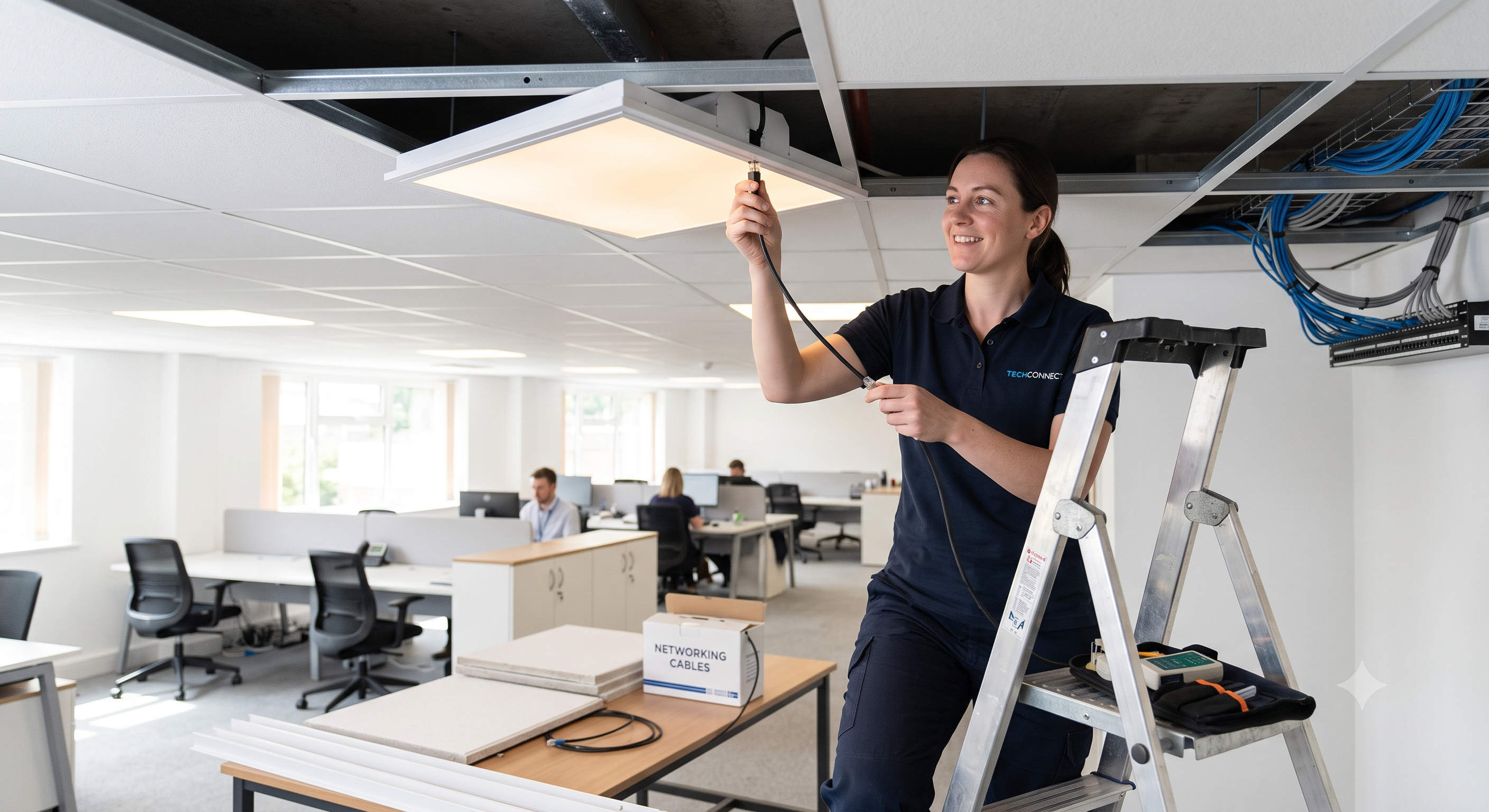 Commercial lighting Tarrant County PoE installation showing network technician connecting Ethernet-powered LED fixtures