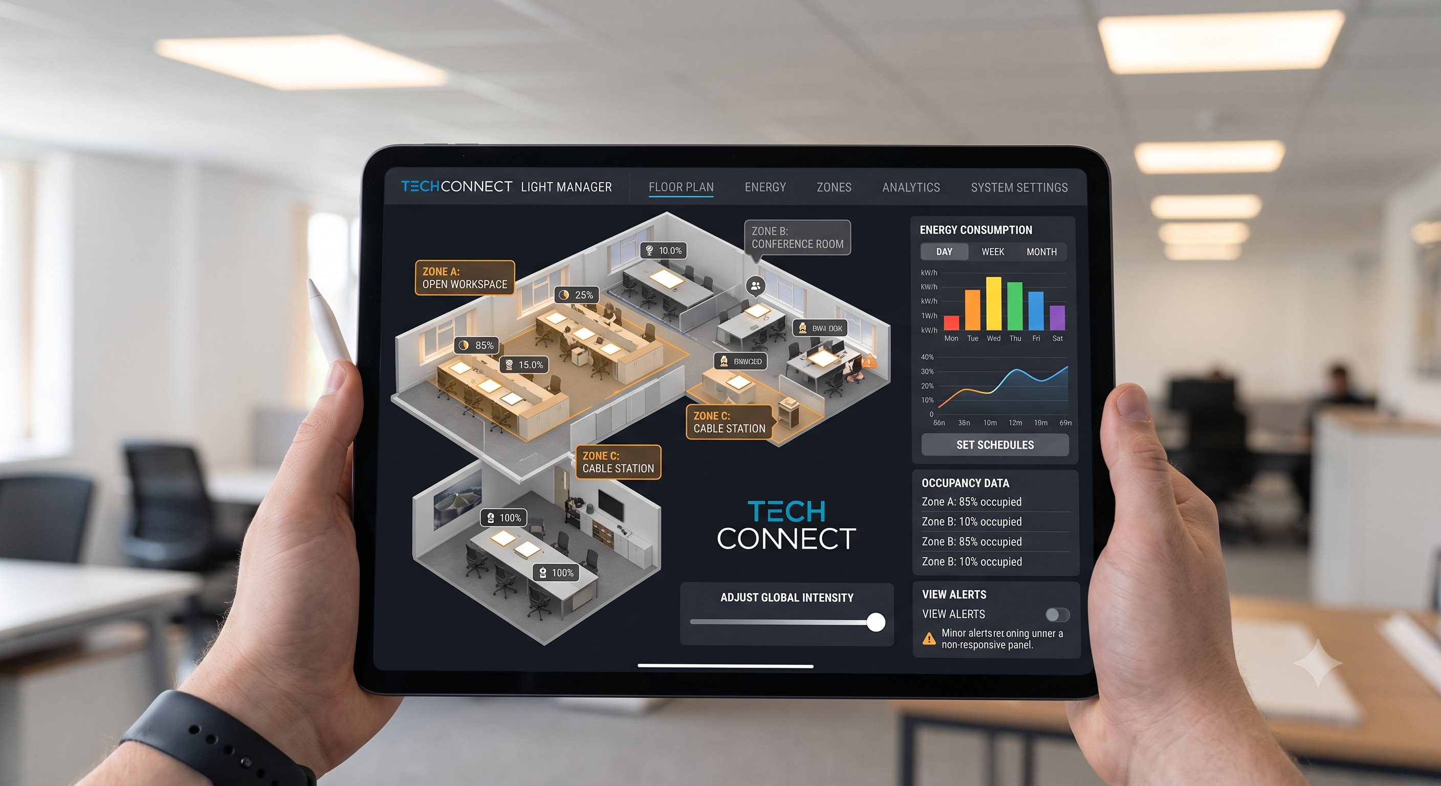 Smart building PoE lighting control dashboard showing Fort Worth commercial building lighting management interface