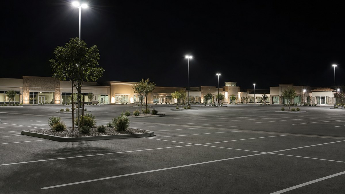 Commercial parking lot in Fort Worth with uniform LED area lighting at night