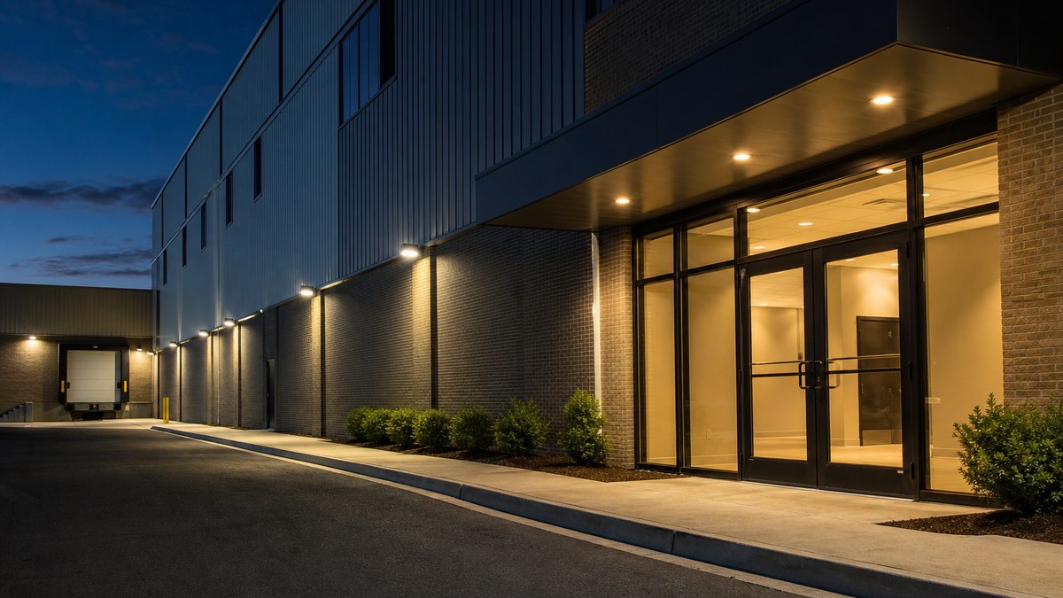 LED wall pack and entrance lighting on a commercial building in Fort Worth