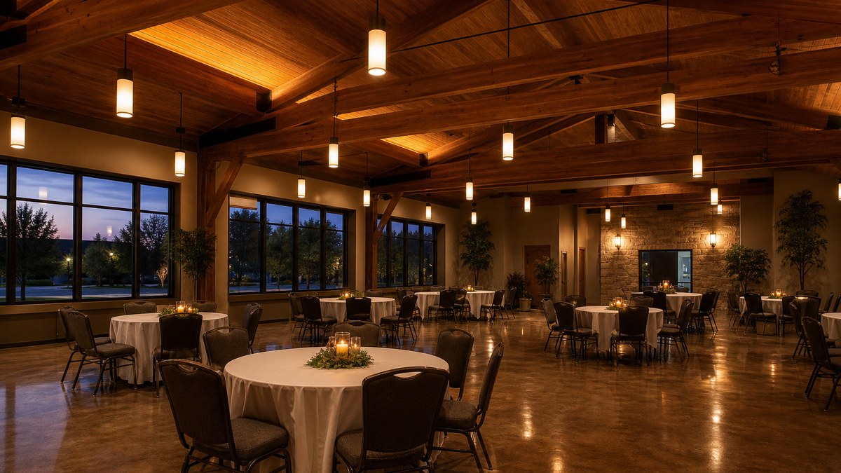 Church fellowship hall in Fort Worth with dimmable warm LED pendant and cove lighting
