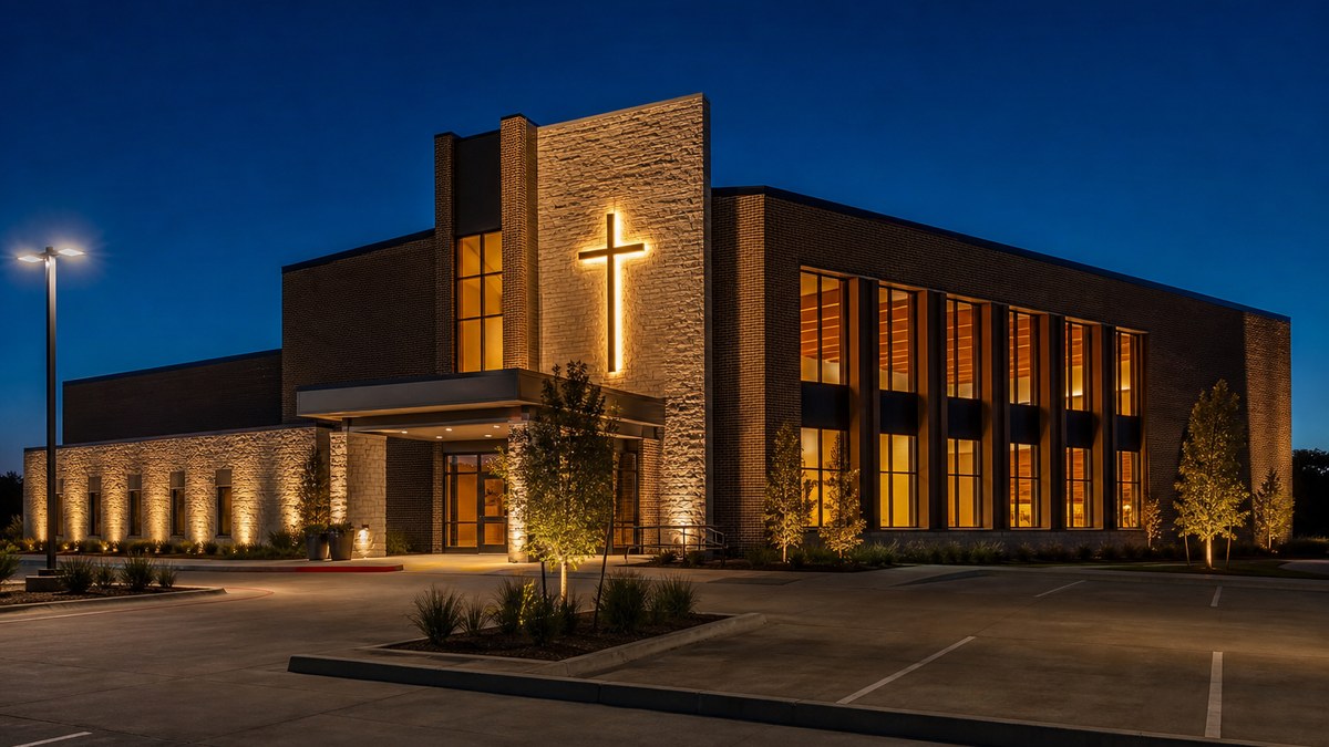 Church lighting in Fort Worth: sanctuary with warm LED architectural lighting glowing through tall windows at dusk