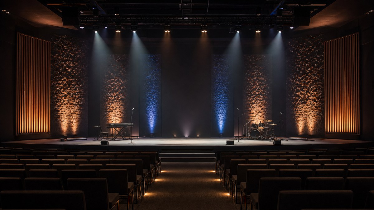 Modern church stage in Fort Worth with LED front light, backlight and warm amber color washes