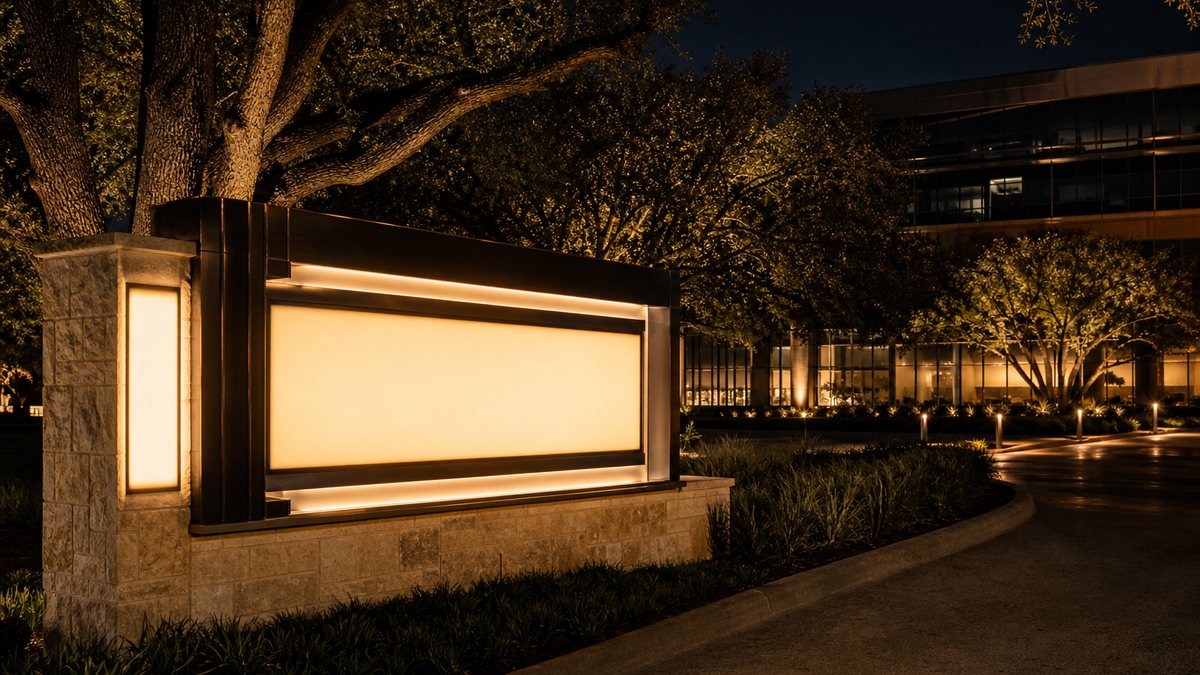 Illuminated LED monument sign at a Fort Worth office park entrance at night
