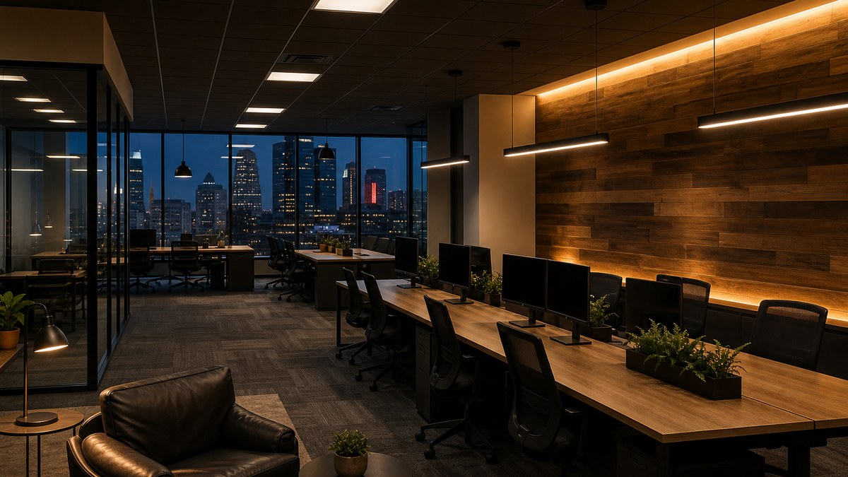 Modern Fort Worth office interior after an LED light installation with linear pendants and recessed panels