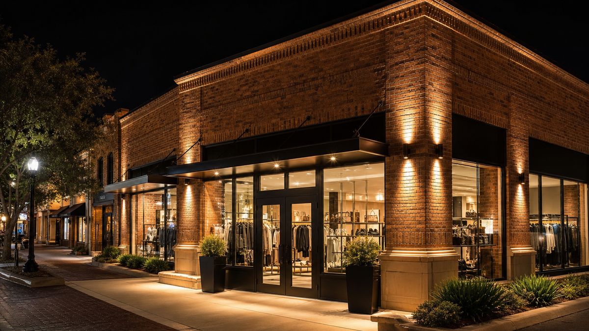 Fort Worth retail storefront at night after a commercial LED lighting installation with warm interior and exterior lights
