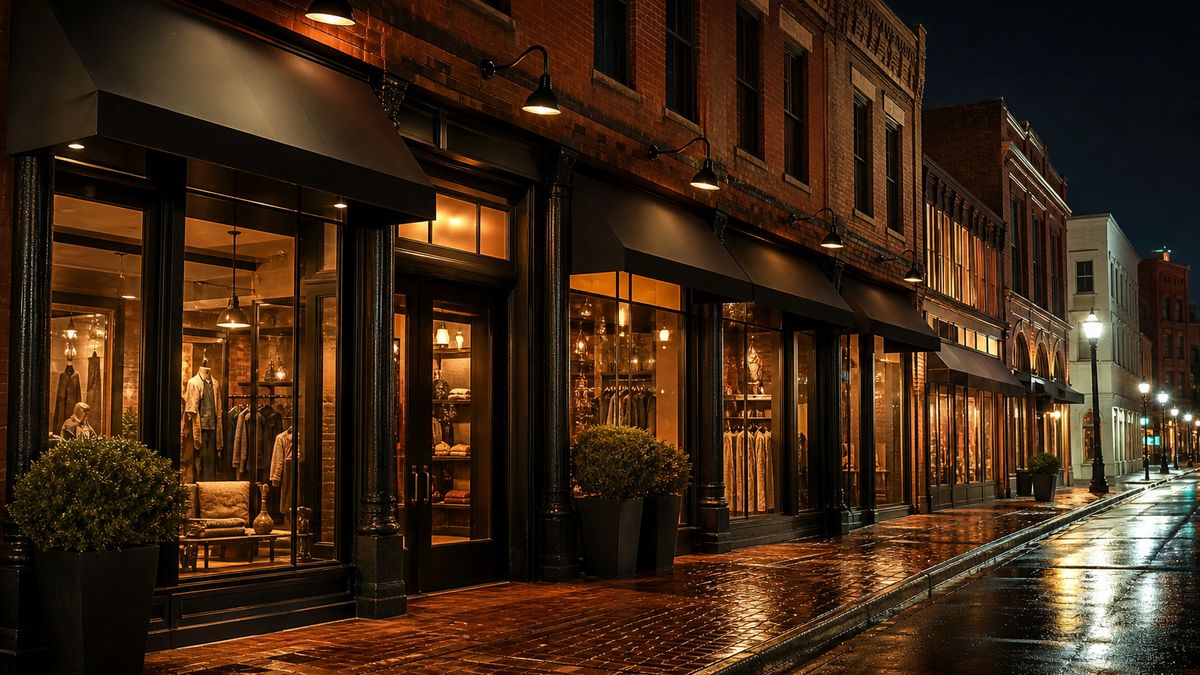 Historic brick storefronts on a Fort Worth street at night with warm LED transom, display window and lantern lighting