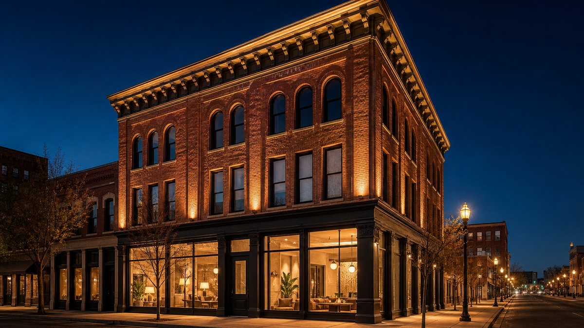 Historic building lighting in Fort Worth: restored red brick commercial building with warm LED facade grazing at dusk