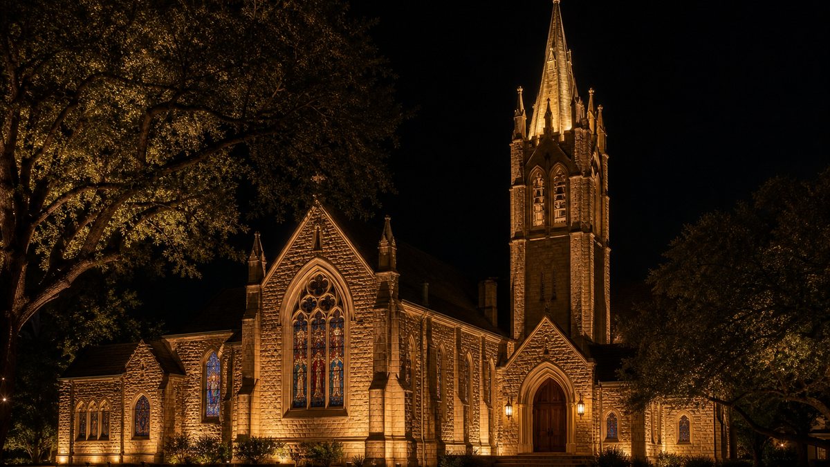 Historic stone church in Fort Worth with LED facade grazing and steeple uplighting at night
