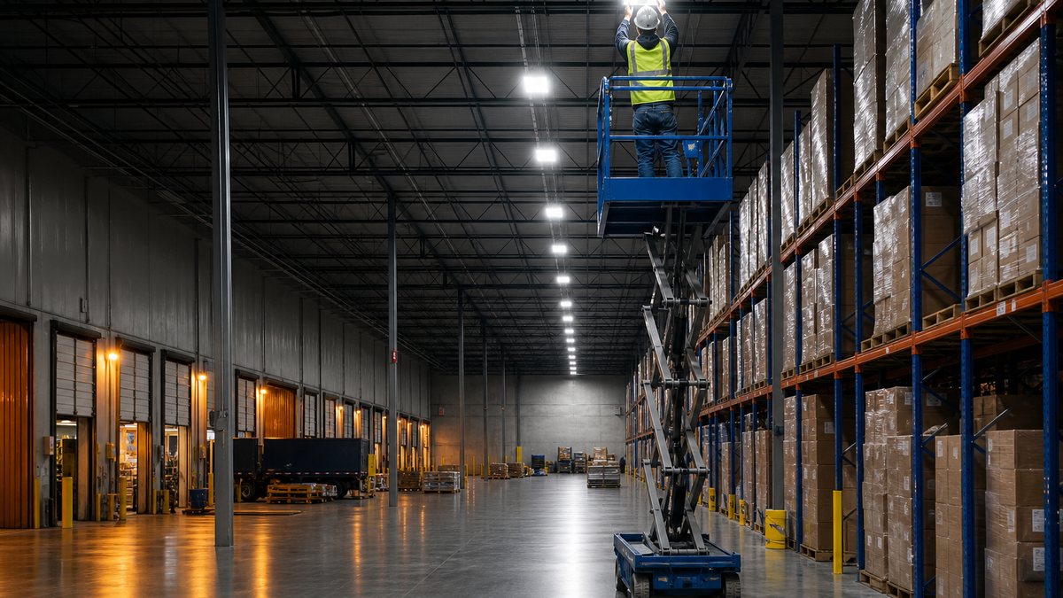 Electrician installing LED high-bay lights in a Fort Worth warehouse from a scissor lift