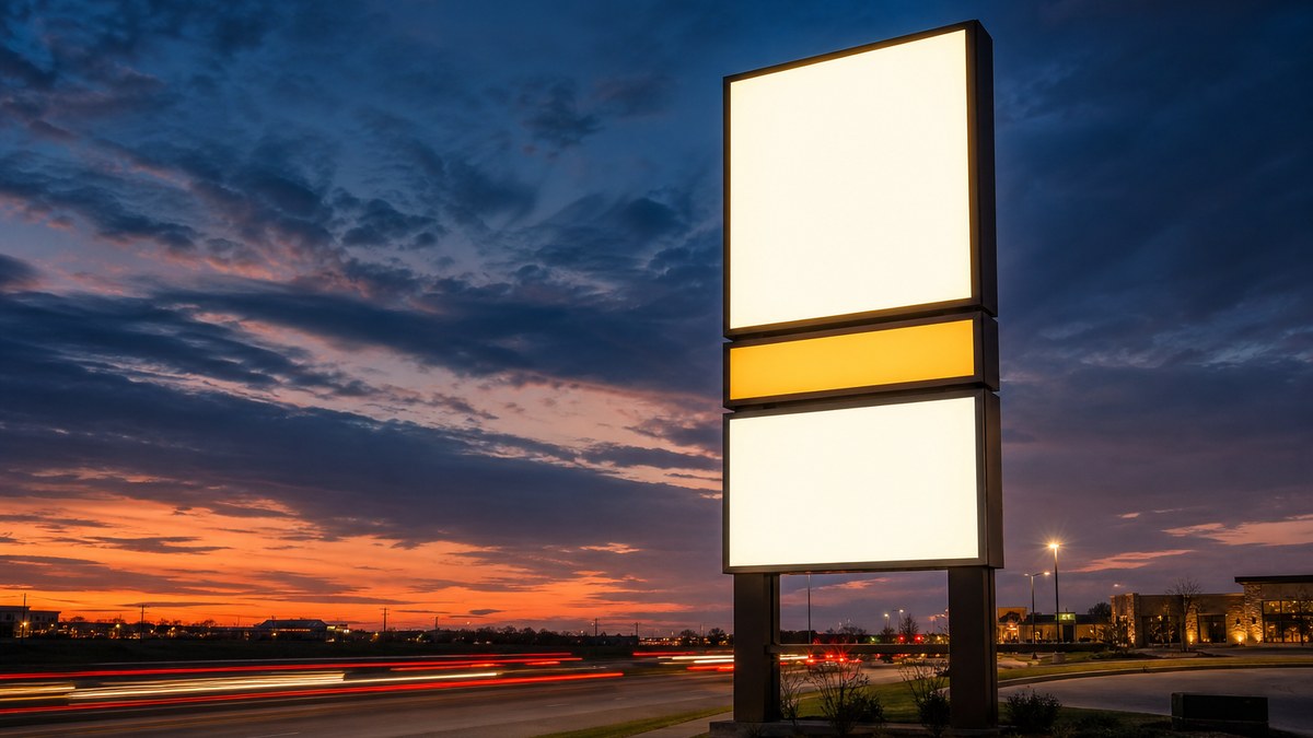 Tall LED pylon sign beside a Texas highway frontage road in Fort Worth at dusk