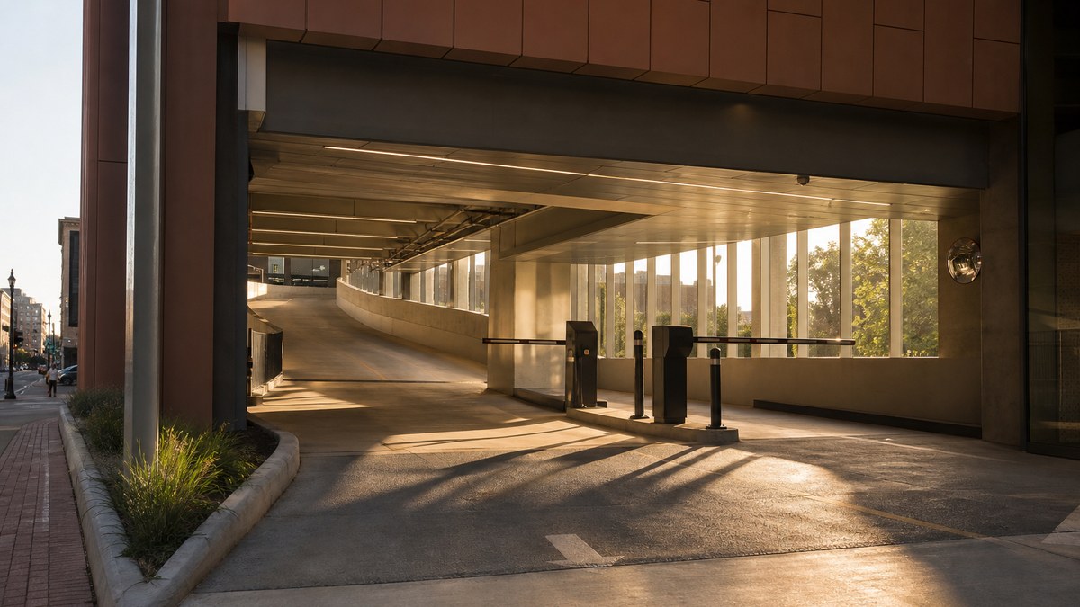 Fort Worth parking garage entrance ramp with bright LED daylight transition lighting