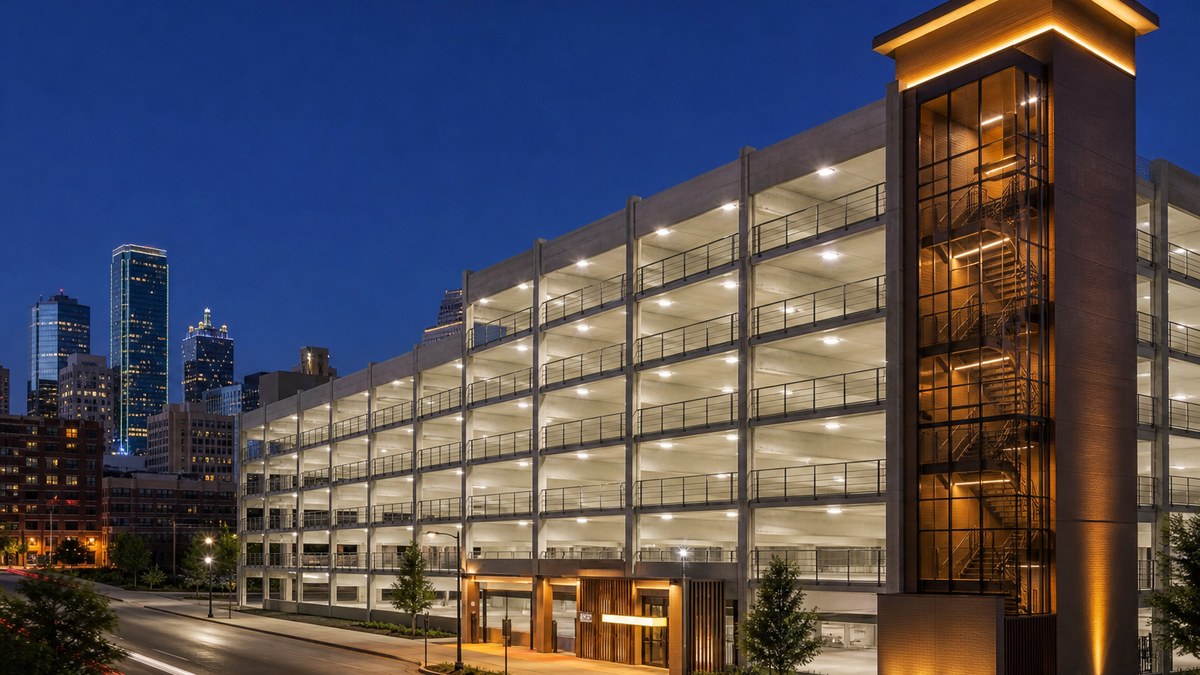 Parking garage LED lighting in Fort Worth on a multi-level concrete parking structure at dusk