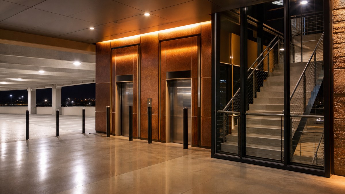 Parking garage stairwell and elevator lobby in Fort Worth with bright LED lighting