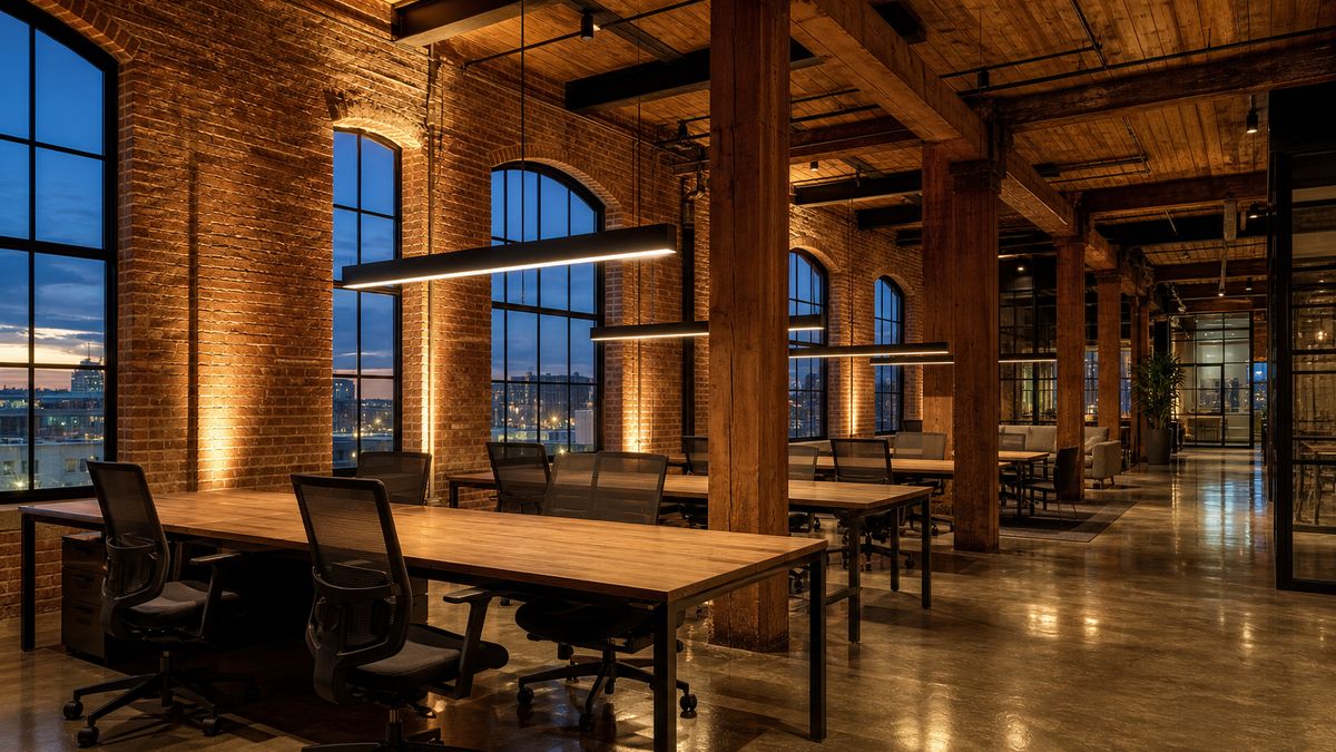 Restored historic loft interior in Fort Worth with exposed brick, timber beams and warm LED grazing and pendant lighting
